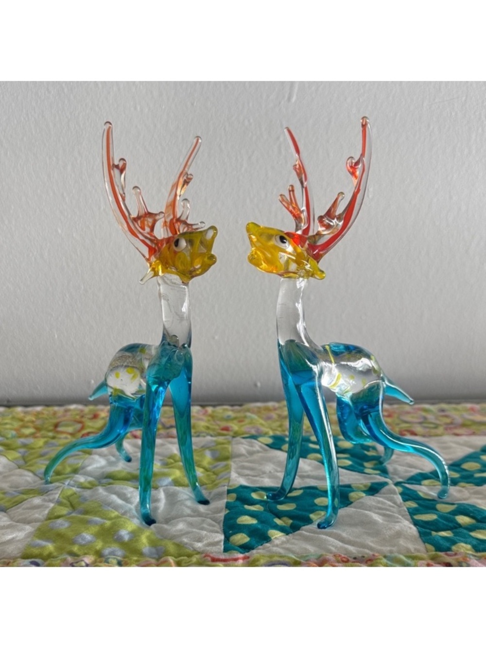 Art Glass Blue & Yellow Reindeer Figurines - Handblown Decorative Set